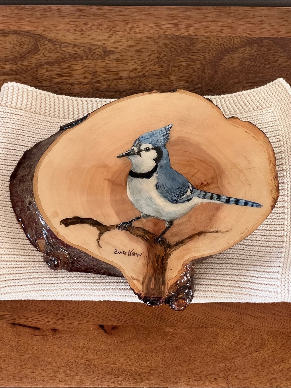 Vintage Hand-Painted Blue Jay on Live Edge Wood Slice – Signed